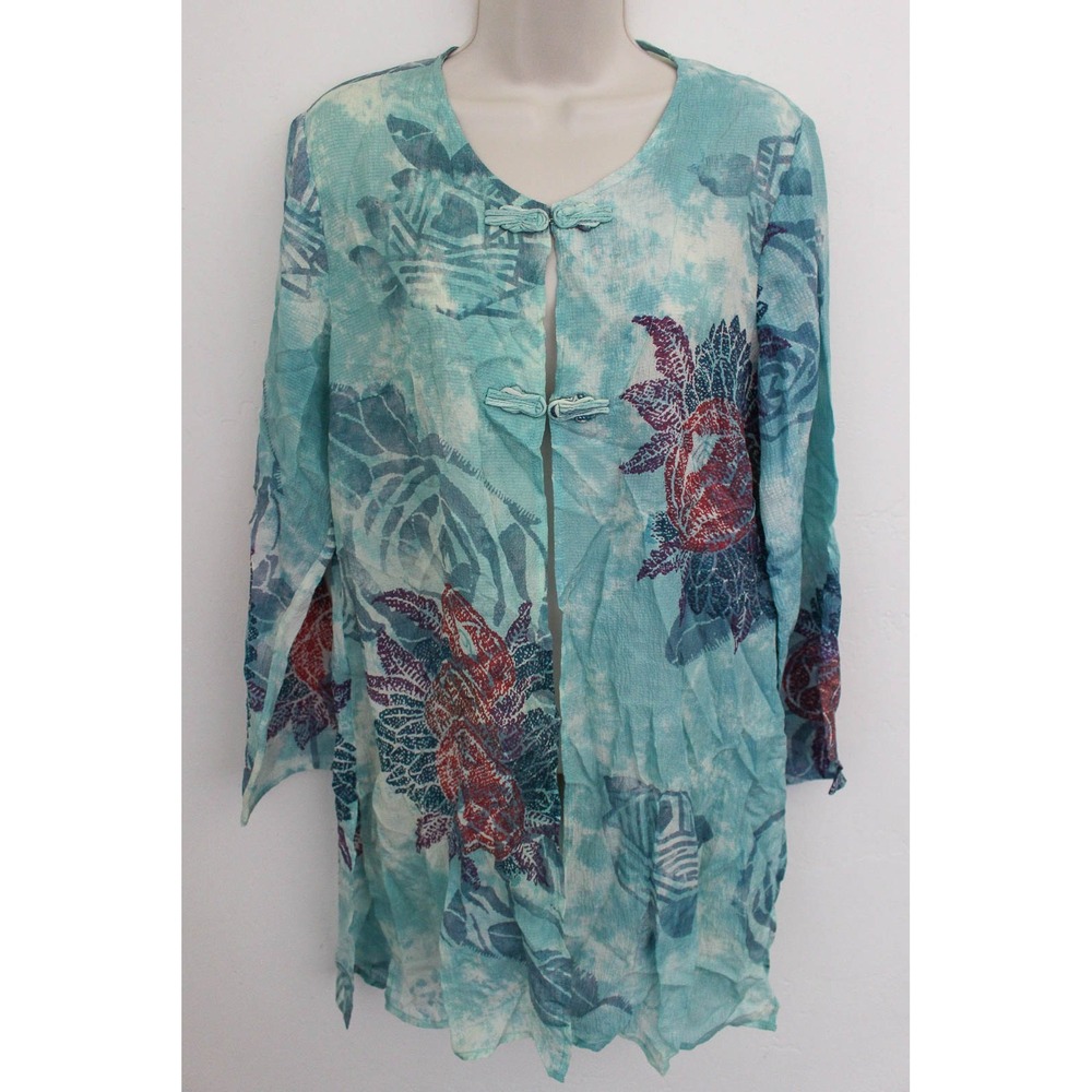 Citron Santa Monica Tunic Top Medium Blue Floral 100% Silk Frog Closure Light